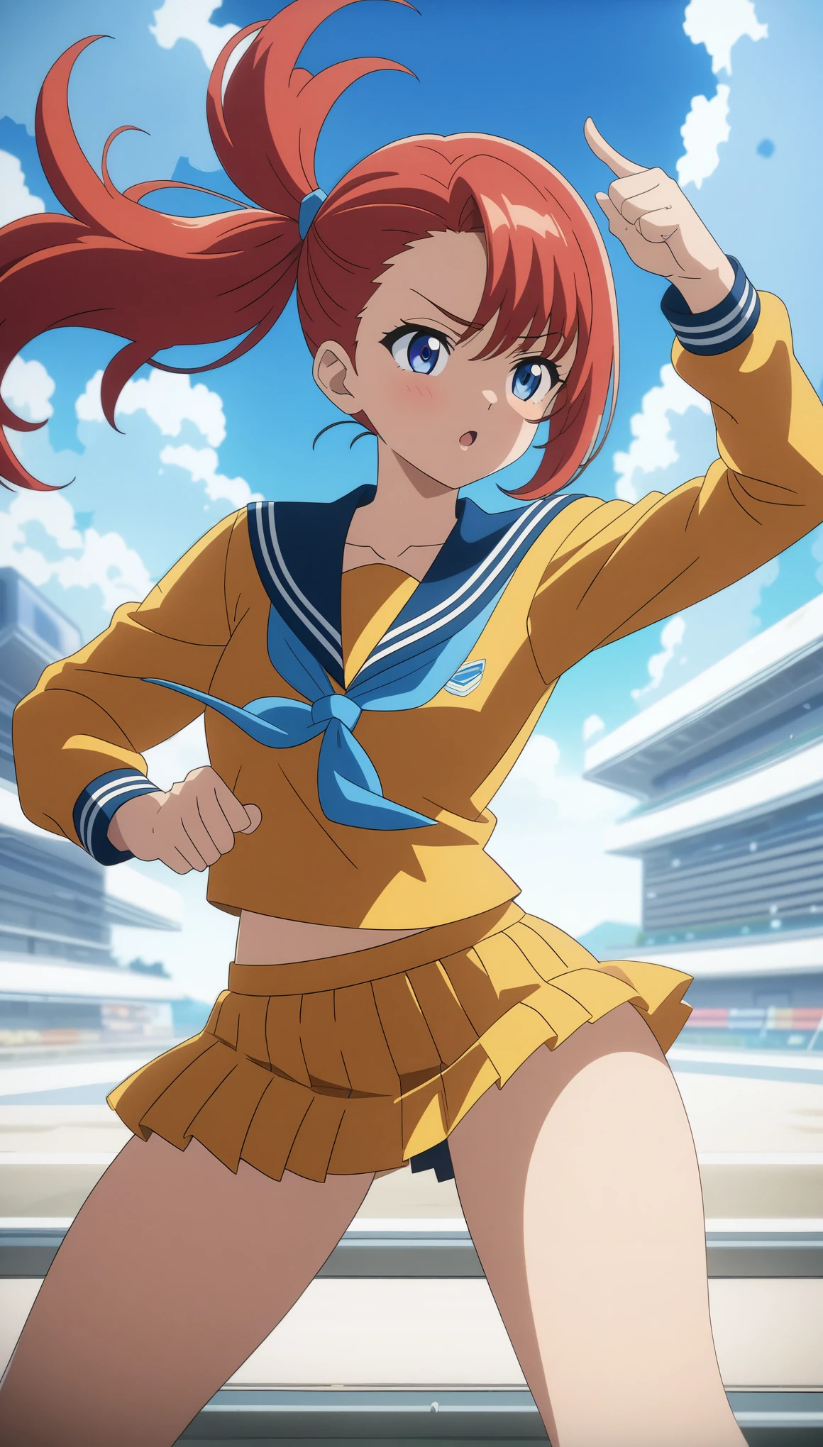 1 person,Cowboy Shot,Skirt flip,White lace panties,High quality anime、High resolution, Kumiko、Tabletop,band uniform,sunfes marching band uniform,[3D Images:1.5],[[Attractive eyes,Detailed eyes、Shining Eyes, Colorful eyes:1.15],whole、Looking at the audience,8k images,Cute anime