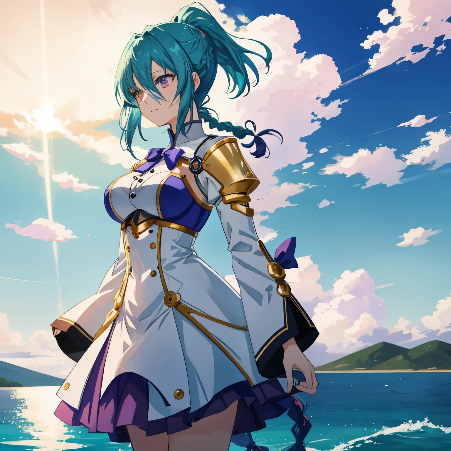 - Resolution: 4K Digital Art, 8K Anime Art Wallpaper. BRAKE
- Quality: Highest quality, high quality, detailed art. BRAKE
- Image Quality: Ultra-detail, ultra-fine beauty, ultra-fine illustration, detailed animation, highly detailed short full-body portrait, Pixiv digital art. BRAKE
- Style: White anime Barbie, biomechanical, anime moe art style, dress, desktop background, biomechanical big breasts, "Fate/Stay Night", "Fate/Grand Order". BRAKE
- Hairstyle and Color: Choose one of the 5 main styles (long hair, ponytail, twintails, bob cut, long braid) and mix all of the remaining 4 hairstyles. Choose the main hair color from gold, blue, and green, and add the remaining two as gradation colors. BRAKE
- Colors: Lots of gold, mainly green and blue (added to important elements of the theme), light blue, yellow, silver, deep red (added to other than important elements of the theme). BRAKE
- Emotion and Movement: As the character's face is not visible, emotions and movements cannot be directly inferred. BRAKE
- Theme: The image has a quiet and calm atmosphere, with the character standing on the water under a clear sky. BRAKE
- Important Elements: The character wearing a detailed costume is the focus of this illustration. BRAKE
- Style: This is a very detailed and realistic anime-style illustration, characterized by vivid colors and complex details. BRAKE
- Worldview: The setting is natural, open, and peaceful, with the background dominated by water and sky. BRAKE
- Body Shape: Perfect female body. BRAKE
- Costume and Color: The character is wearing a white dress with purple ribbons and accents. The dress also has gold buttons. BRAKE
- Background and Color: Bright day, blue sky, fluffy white clouds, calm water are characteristic. There are jet trails in the sky, indicating a modern or active airspace. BRAKE
- Perspective and Composition: The perspective and composition of the illustration emphasize that the character is the protagonist, with the character positioned in the