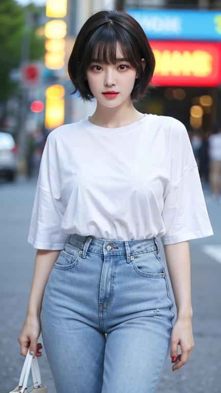 highest quality，whole body，woman，Blunt bangs，Black Hair，Short Crop Hair，Shiny Hair，With big eyes、tea，bright、Has a lively expression，健康的でbright肌の色，Small Mouth，Thick lips，Big Breasts，The thighs are a little thicker，Looking at the camera，Cinema Lighting，Oversized Long T-Shirt，Small Ass，hair band，Distressed jeans，wearing a wristband on the wrist，