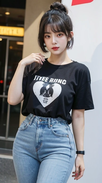 highest quality,whole body,woman,Blunt bangs,Black Hair,Short Crop Hair,Shiny Hair,With big eyes、tea,bright、Has a lively expression,健康的でbright肌の色,Small Mouth,Thick lips,Big Breasts,The thighs are a little thicker,Looking at the camera,Cinema Lighting,Oversized Long T-Shirt,Small Ass,hair band,Distressed jeans,wearing a wristband on the wrist,