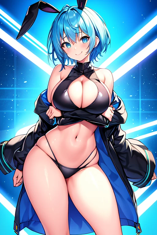 1girl, large breasts, breasts, thick thighs, hourglass figure, toned, smile, light smile, blue hair, light blue hair, blue eyes, very short hair, pixie cut, shoes, sneakers, socks, bikini, black bikini, jacket, black jacket, open jacket, neon trim, neon, neon lights, blue trim, tech, machinery, science-fiction, futuristic, bunny ears, rabbit ears, cropped jacket, ((cropped jacket)), hands down, arms down, cleavage, arms down, hands down