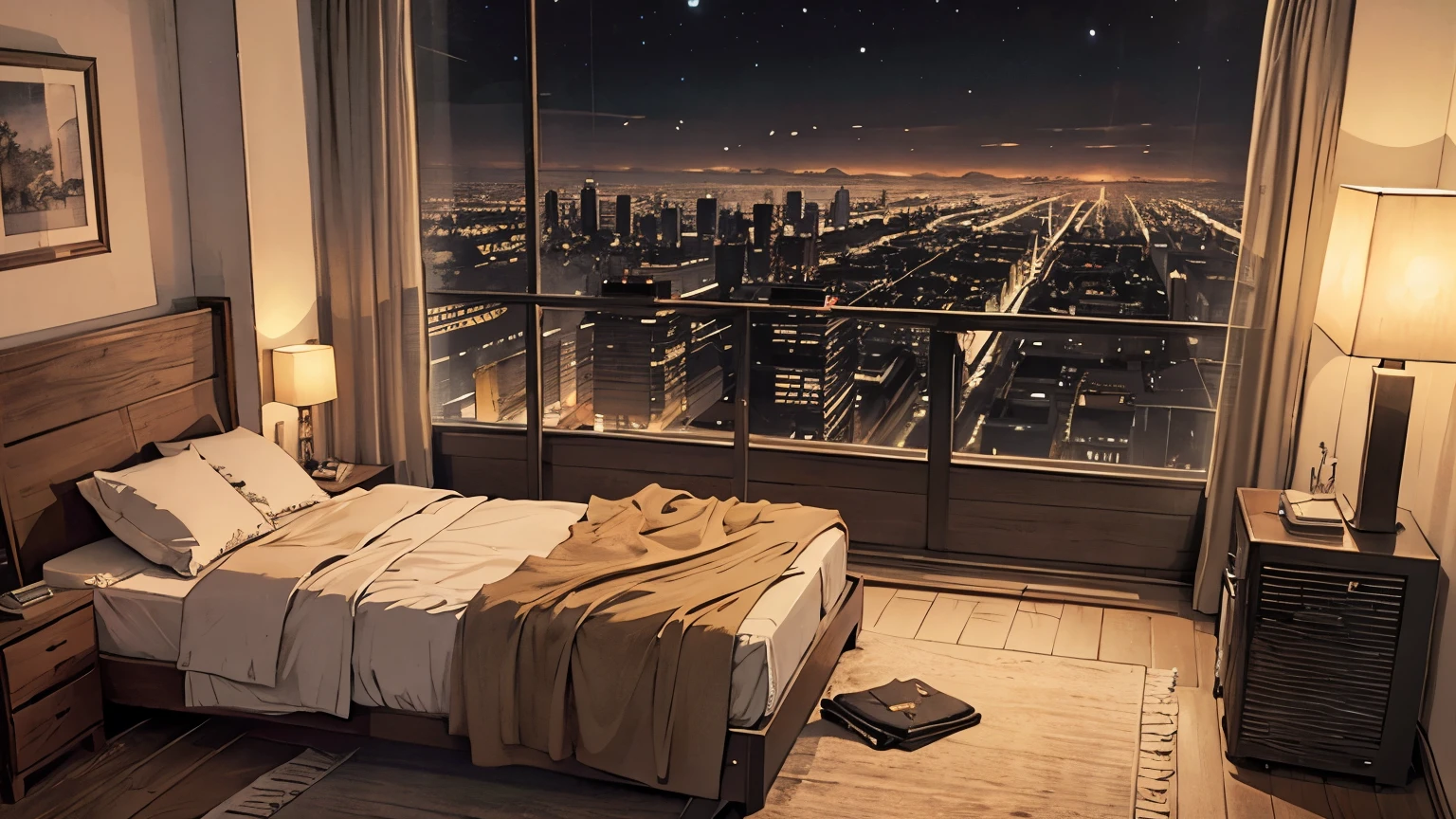 1 girl, 90s anime style, night, Studio Room, 都会のnight景、Girl wearing headphones, late night room, Listening to music alone, City Pop, high quality, Detailed finger shapes、Natural finger shape、Lo-Fi, Chill, late night, Rooms for single people, Dark Room, futuristic night view outside the window, Dark Room