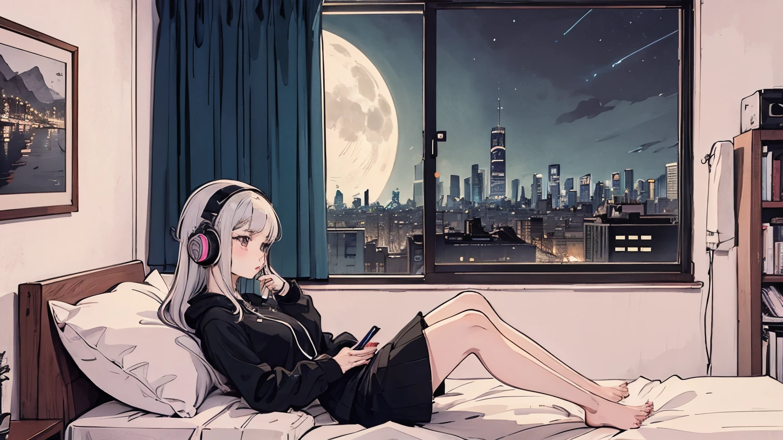 1 girl, 90s anime style, night, Studio Room, 都会のnight景、Girl wearing headphones, late night room, Listening to music alone, City Pop, high quality,  Detailed finger shapes、Natural finger shape、Lo-Fi, Chill, late night, Rooms for single people, Dark Room, futuristic night view outside the window, Dark Room