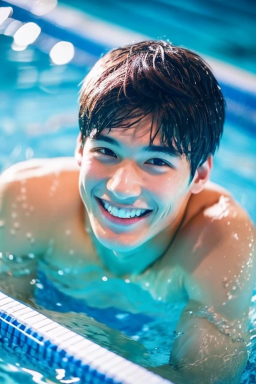 male Age 20 Swimming smile プールサイド