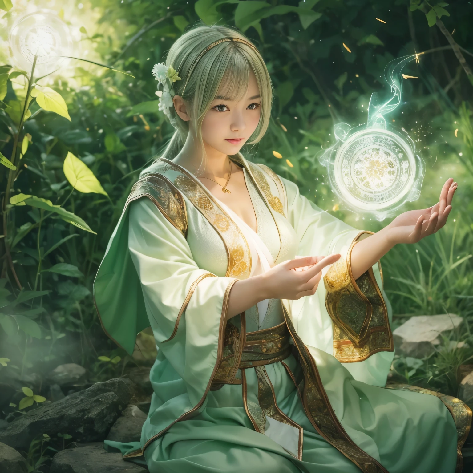 (RAW Photos:1.2), (Realistic), Beautiful detailed smiling slender girl, Very detailed eyes and face, Beautiful fine details, Large file size, High resolution, Very detailed, highest quality, [Tabletop:1.6], figure, Very detailed, The finer details, highest quality, 8k wallpaper, Cinema Lighting,13-year-old female monk from Japan, Healing Magic, Sacred robe,  White Jewel Wand,  Glitter Green Healing Spell, Healing space around you, underwear, Upper body naked, No top,  appear,   乳首がappear, Casual Panties, Skimpy white panties, Panties with attention to detail, Even the wrinkles in the pants are drawn., Panties with texture, Realistic panties,  Small breasts, Simple panties