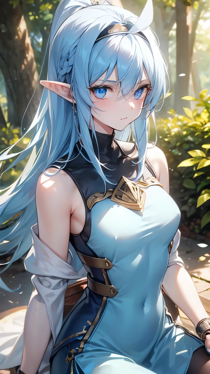 ((light blue hair)), highly detailed face and eyes, (medium hair), jewelry, yellow hairband, long pointy ears, anime, masterpiece, textured skin, (super detail), award winning, (best quality), elf, in forest, Sunbeams filtering through the trees, (blue tank top), whole body, beautiful legs, eyeball, tsurime, blue eyes