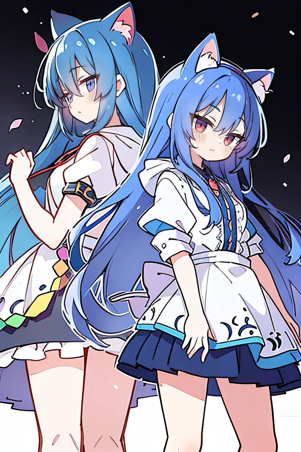 （masterpiece：1.2），Super detailed，lifelike，Expressive eyes，fair skin，perfect face shape，1 girl，
Japanese comics,Gorgeous blue hair,flowing blue hair,flowing clothes,Cat ears,Petals fall,beautiful lola,Baby Angel,
Shaking head with one hand，Cross your legs，Gentle and peaceful background，The pavilion is cool and comfortable,smile, wearing hoodie, background of tokyo,back views,snowing, winter.
