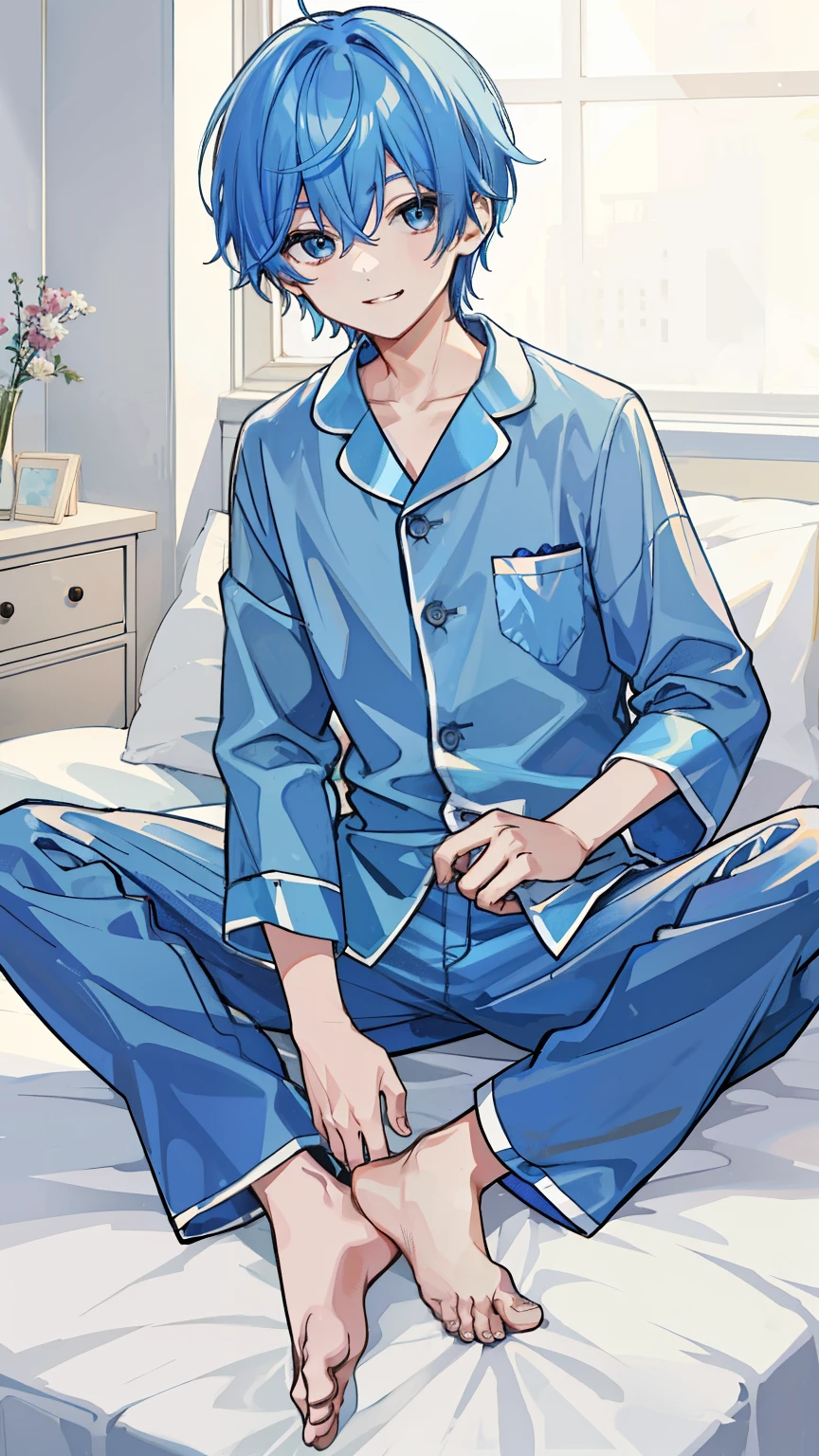1 boy, blue hair, whole body, gentle smile, wearing satin pajamas