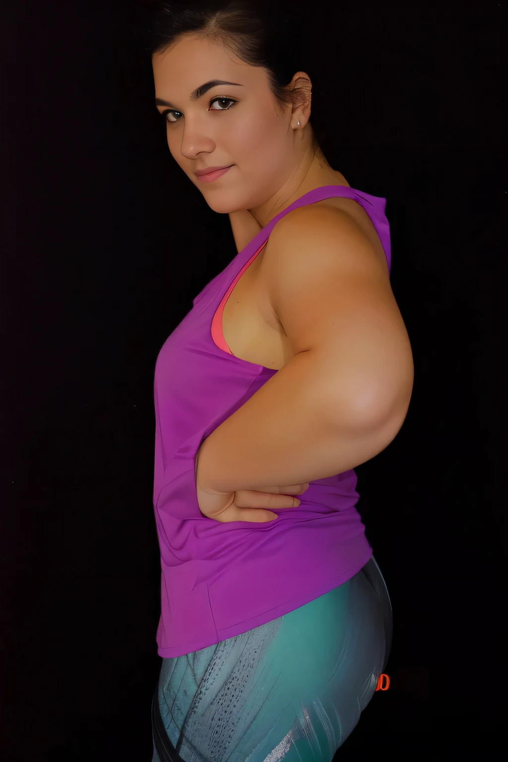there is a woman in a purple shirt posing for a photo in a purple shirt, arms to the side, arms behind the back, side pose, half body photo, half body photo close up, back photo, upper body photo , toned arms, mid body photo, half body shot, half body shot, looking from the side!, bent arm pose! black background. She is wearing a vibrant purple sports tank top and mixed shorts (((blue-gray-green-black))), suggesting an active lifestyle or athletic attire for working out. Sharp photo, high quality, high resolution (ultra quality masterpiece), Ultra HD, high contrast, 16K. Masterpiece: 1.3, high resolution, (photographically realistic), NUDE, NUDITY, NFSW.