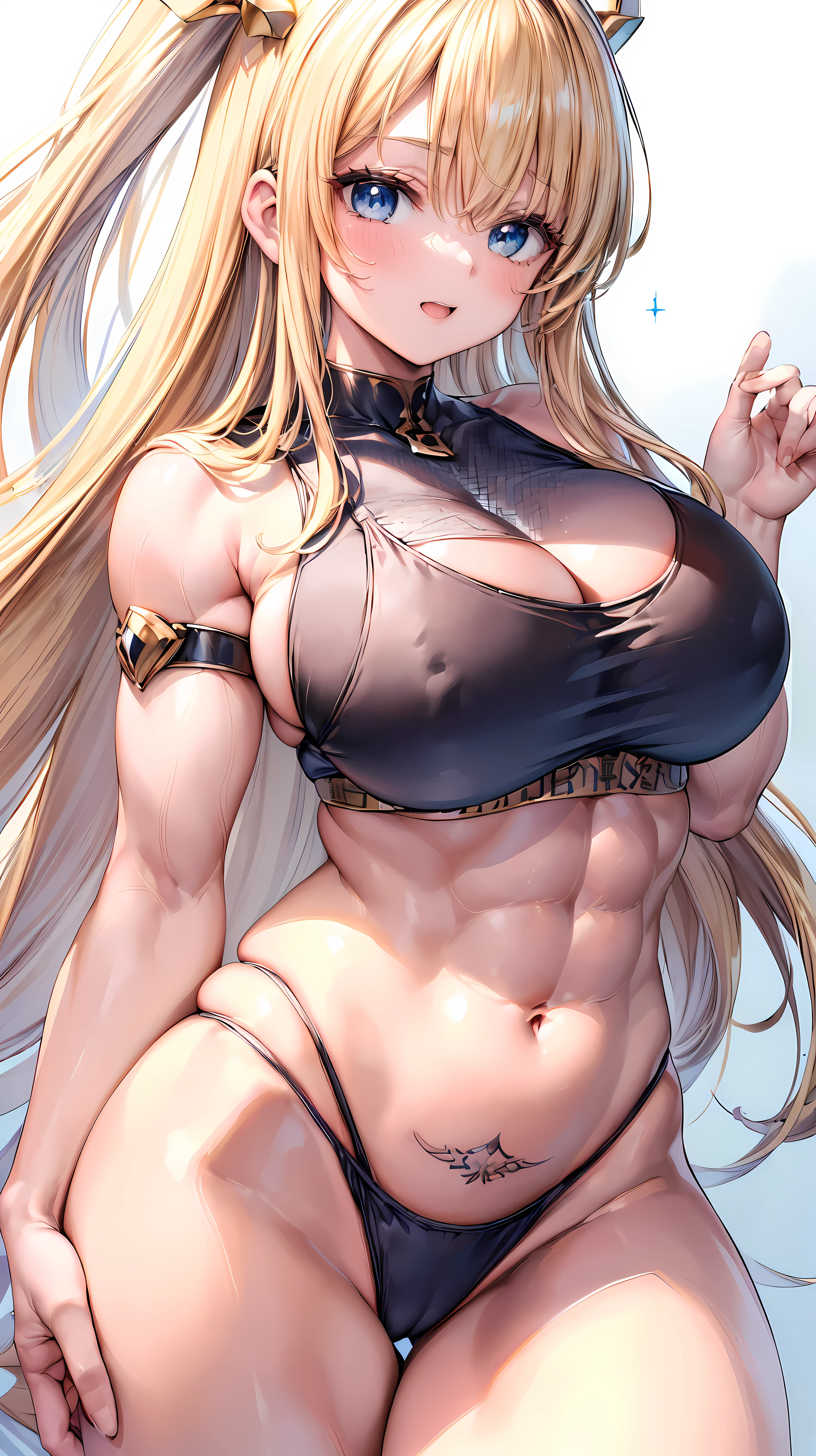 Very detailed、highest quality、Best image quality、masterpiece、8k、Anime Face、A kind smile、(Open your mouth:1.3)、Sparkling blue eyes、(Blonde semi-long hair:1.5)、(Muscles of the whole body:1.3)、(High leg:1.8)、Thigh belt、(bikini:1.5)、(Upper body close-up:1.5)、(SFW Giant)、(Thick body:1.3)
