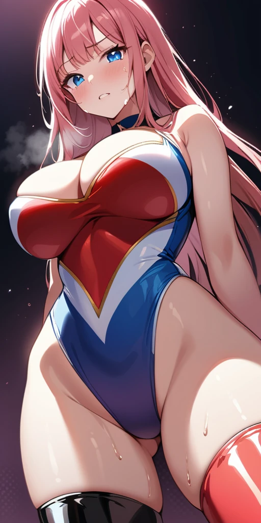 Ultra-high resolution, 1 Girl, 18 years old, (Idols:1.4), (Famous actresses :1.4), (Beautiful detailed face:1), ((Best Quality)), 1 Girl:1, 18 I, Cinematic Light, ,Mood lighting, (((Perfect Anatomy:1.10))), (Finely detailed face:1.2), (Representative works:1.5), (Best Quality:1.2), Looking at the Viewer, Lipstick, V-shaped eyebrows, V Line Jaw, ((Prevents clothing from digging into the skin)), (Crying face:1.3), (Heavy breathing:1.3), (The background is blurred), Glossy texture, Strong winds:1.3, (Long hair blown by the wind:1.3), (Blue Eyes:1), (Perfect Face:1.4), (Beautiful detailed eyes), ((Shiny skin:1.2)), (Extremely smooth expressed skin), (((Sweaty skin:1.3))), White Skin, Slender, Narrow nose, (Narrow waist:1), (Almond Eyes:1), (Big Breasts:1.3), There is cleavage in the chest, Bangs,Tilt the body forward, Light makeup, Small Ass, Wrestling match venue, ((Sexy Sparkly Wrestling Costumes:1.3)), ((Sexy design swimwear:1.3), (( Pink with a complex design&white wrestling costume:1.3)), (Patent leather long wrestling boots), Thimble Skin Gloves, Sitting on the floor, ((((Low - Angle)))), ((((View from below)))),