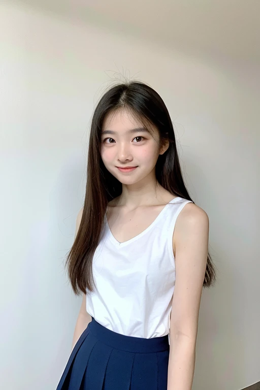 Real, Best Quality, Girl, High School Girl, High Resolution, Natural Skin, Portrait, Looking at Camera, Photo_Light, {{}}, Ulzzang-6500-v1.1:0.8 Facing forward, standing upright, no makeup, in front of the inorganic white wall in the room, fitted sleeveless white V-neck T-shirt, wide eyes, very short navy blue socks, serious and honor student, skirt. ,smile