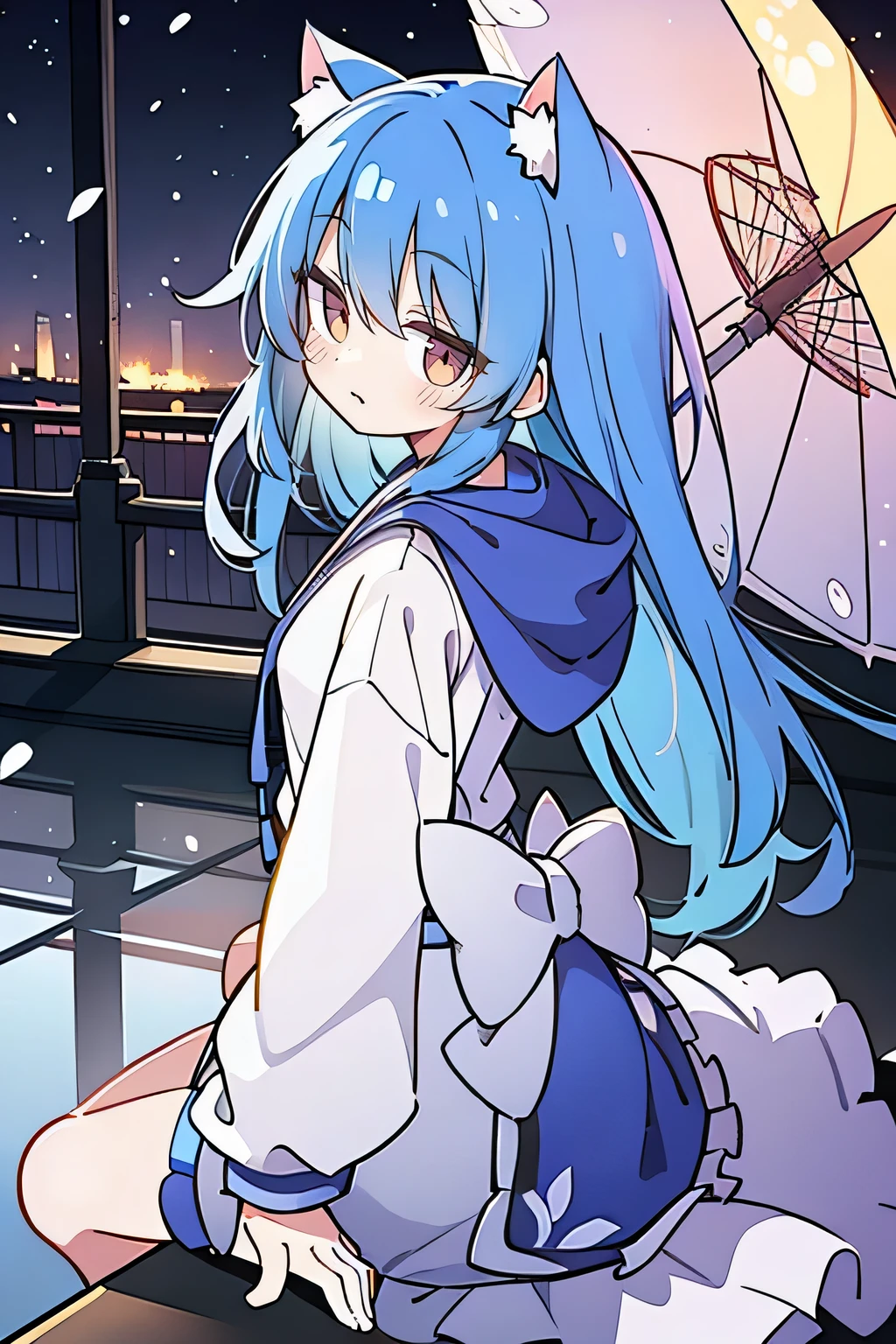 （masterpiece：1.2），Super detailed，lifelike，Expressive eyes，fair skin，perfect face shape，1 girl，
Japanese comics,Gorgeous blue hair,flowing blue hair,flowing clothes,Cat ears,Petals fall,beautiful lola,Baby Angel,
Shaking head with one hand，Cross your legs，Gentle and peaceful background，The pavilion is cool and comfortable,smile, wearing hoodie, background of tokyo,back views,snowing, winter.