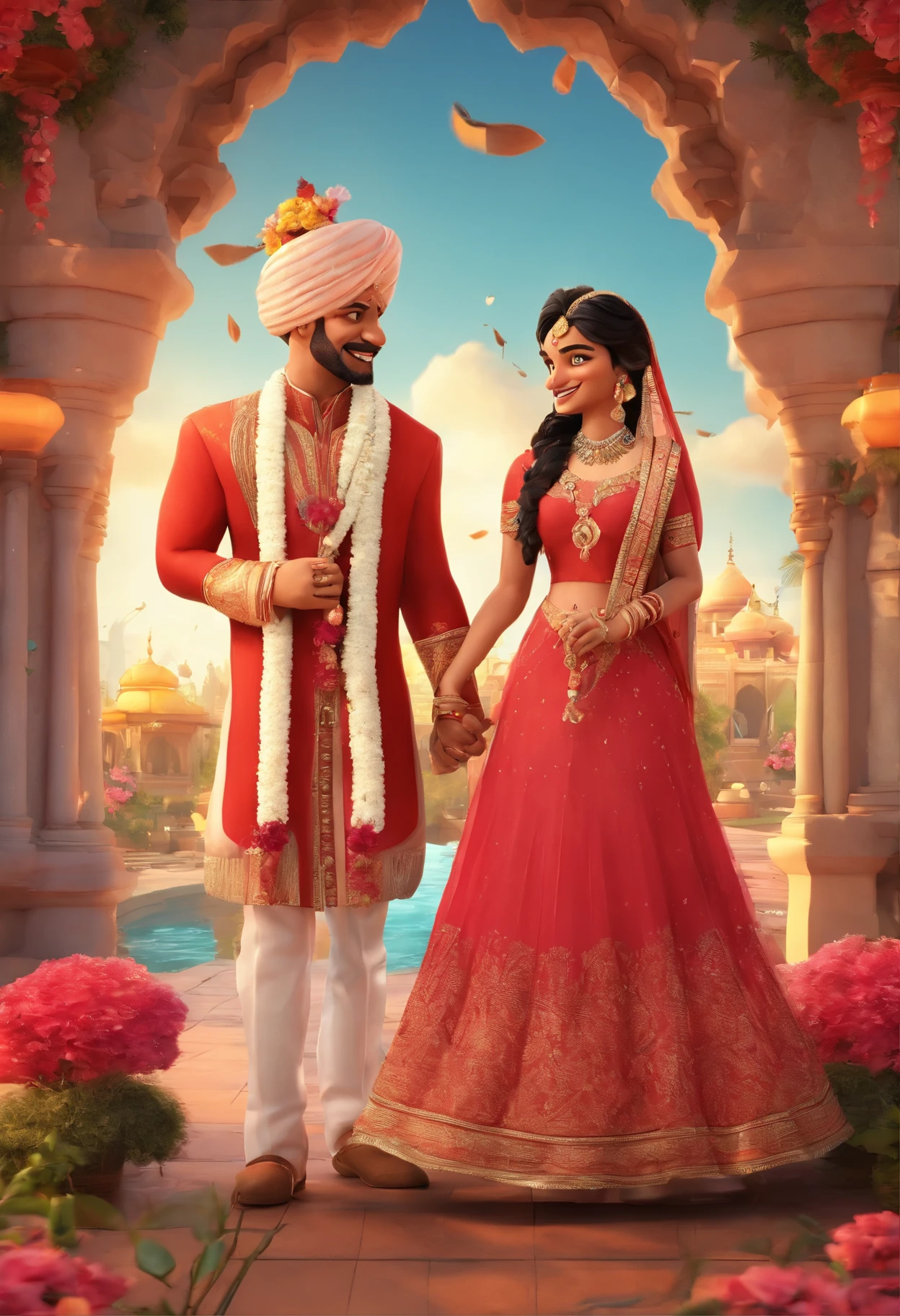 Disney pixar poster, indian wedding couple, 3D animations，Pixar， (best quality)(8k)