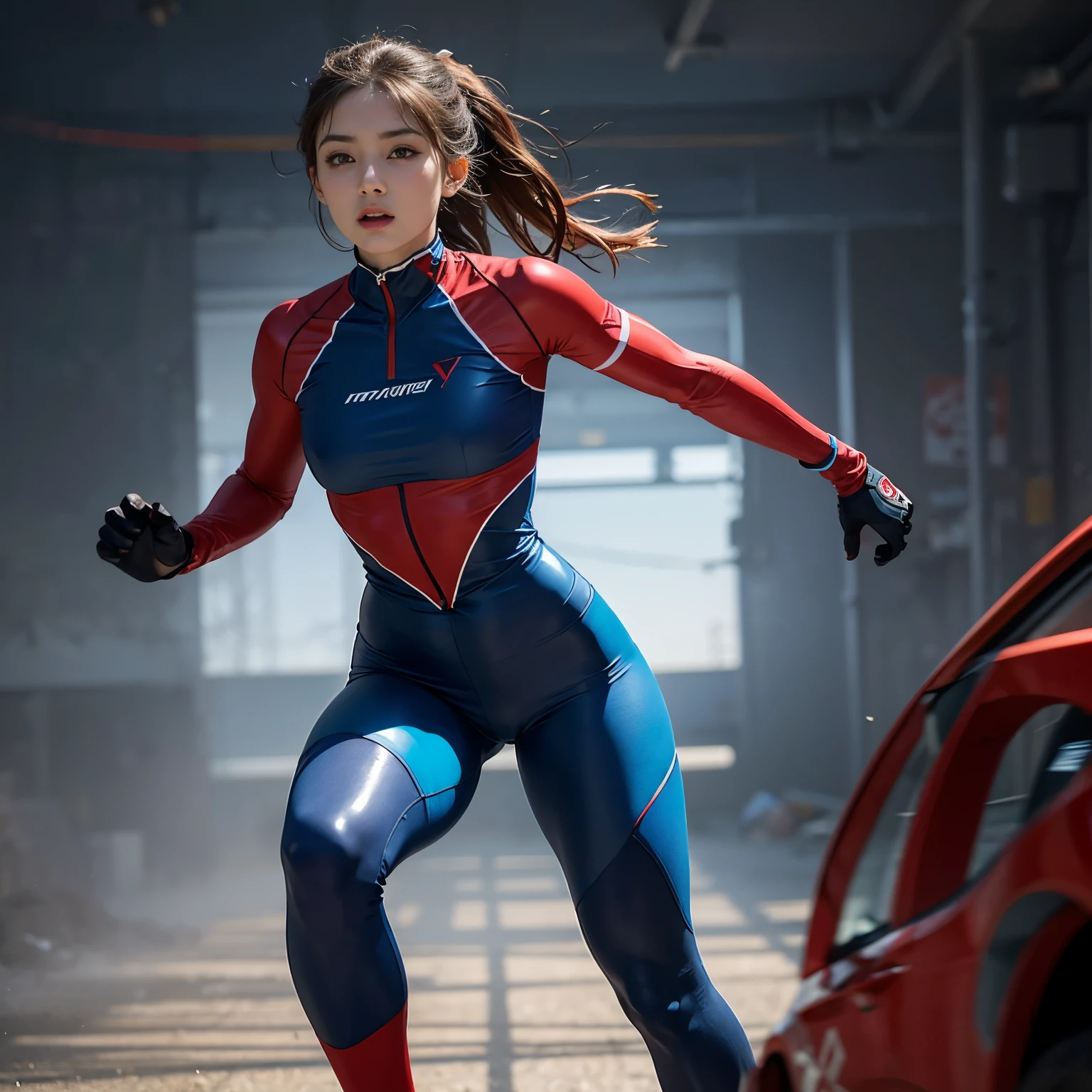 Wearing blue and red tights、Background with female athlete running,Blue and red body painting, Blue and red body, Blue and red bodypaint, dynamic active Running posture, Running posture, smooth Blue red leather, elegant blue and red, Body and leg robotics, sprint, Exaggerated muscular physique,Blue red leather, Smooth colored armor, Physically Based Rendering, human body breaking away