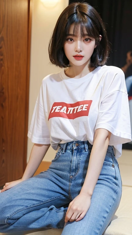 highest quality，whole body，woman，Blunt bangs，Black Hair，Short Crop Hair，Shiny Hair，With big eyes、tea，bright、Has a lively expression，健康的でbright肌の色，Small Mouth，Thick lips，Big Breasts，The thighs are a little thicker，Looking at the camera，Cinema Lighting，Oversized Long T-Shirt，Small Ass，hair band，Distressed jeans，Wearing a terry cloth wristband，