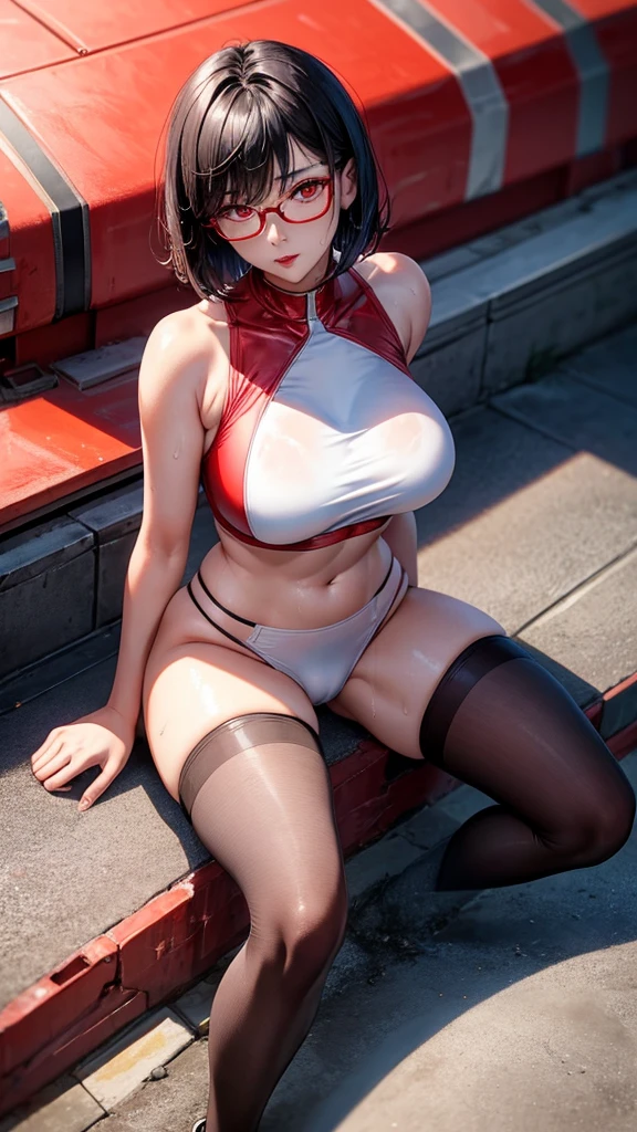 Beautiful girl,Korea, sitting on magma, futuristic,
 18 years old,Short hair, shoulder length,black hair, big breasts,wet, sweat, camel toe, red lips ,Wear glasses,
White underwear, sexy pose,
 red eyes,