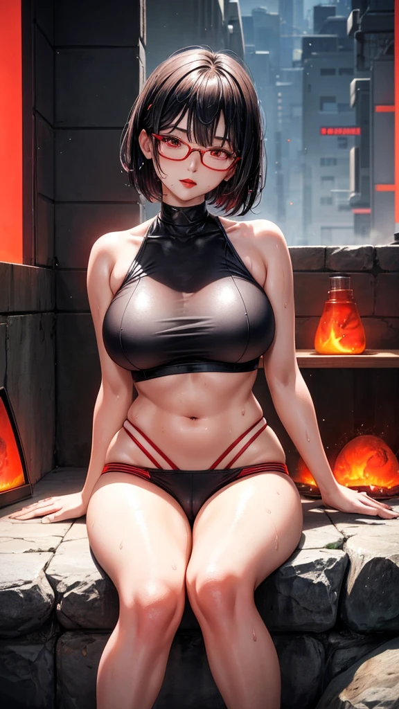 Beautiful girl,Korea, sitting on magma, futuristic,
18 years old,Short hair, shoulder length,black hair, big breasts,wet, sweat, camel toe, red lips ,Wear glasses,
White underwear, sexy pose,
red eyes,