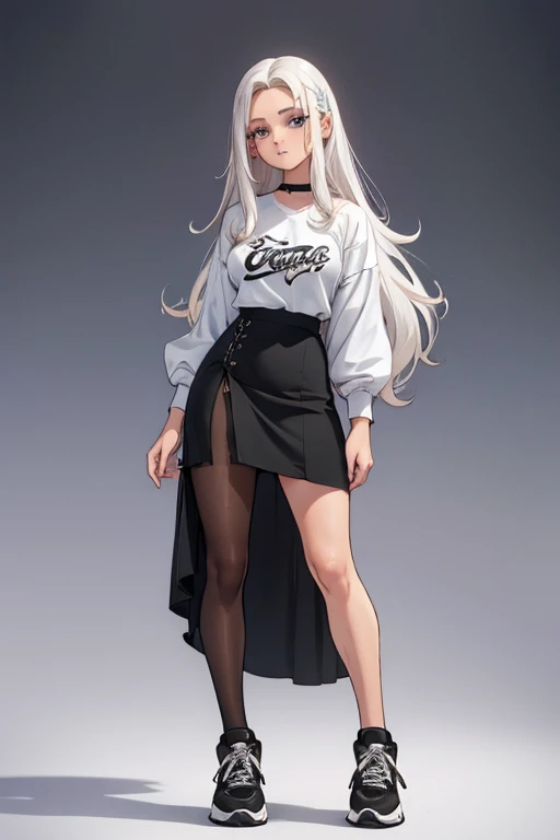 22 anos, pele branca, quase fala, cabelo branco, rosa nas pontas, cabelo extremamente longo, apertado, black pantyhose, black sneakers, cabelo branco, cabelo entre os olhos, cabelo branco, boca fechada, faixa, messy hair big formal skirt