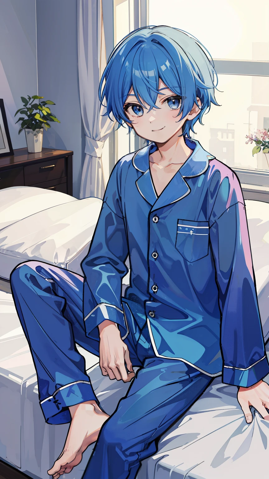 1 boy, blue hair, whole body, gentle smile, wearing satin pajamas