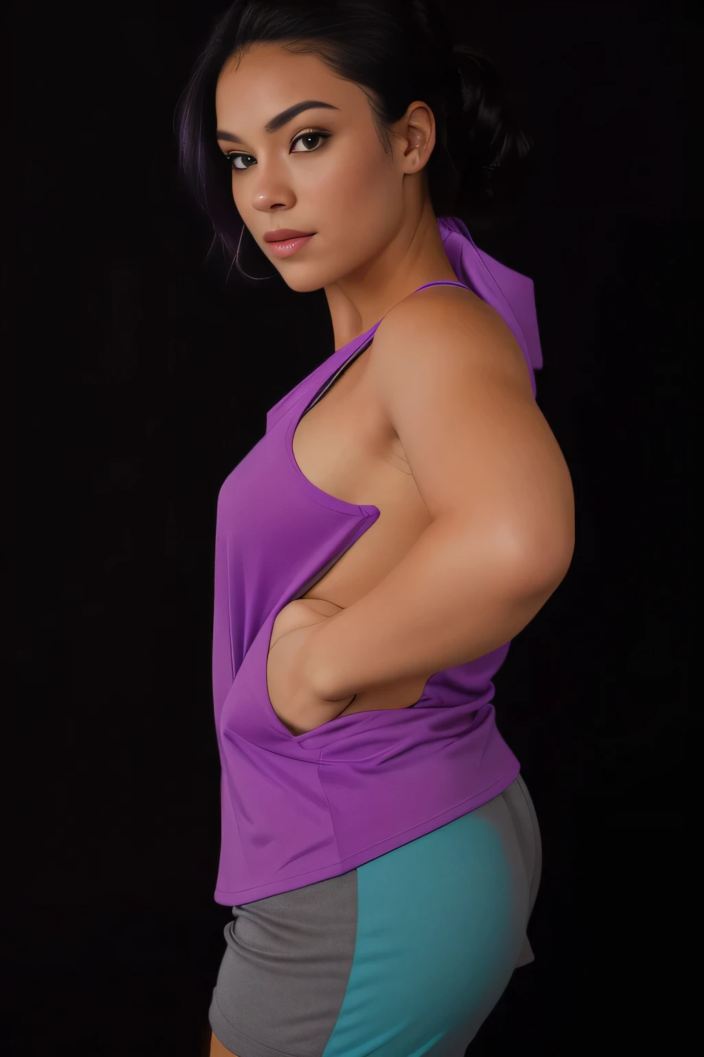 there is a woman in a purple shirt posing for a photo in a purple shirt, arms to the side, arms behind the back, side pose, half body photo, half body photo close up, back photo, upper body photo , toned arms, mid body photo, half body shot, half body shot, looking from the side!, bent arm pose! black background. She is wearing a vibrant purple sports tank top and mixed shorts (((blue-gray-green-black))), suggesting an active lifestyle or athletic attire for working out. Sharp photo, high quality, high resolution (ultra quality masterpiece), Ultra HD, high contrast, 16K. Masterpiece: 1.3, high resolution, (photographically realistic), NUDE, NUDITY, NFSW.