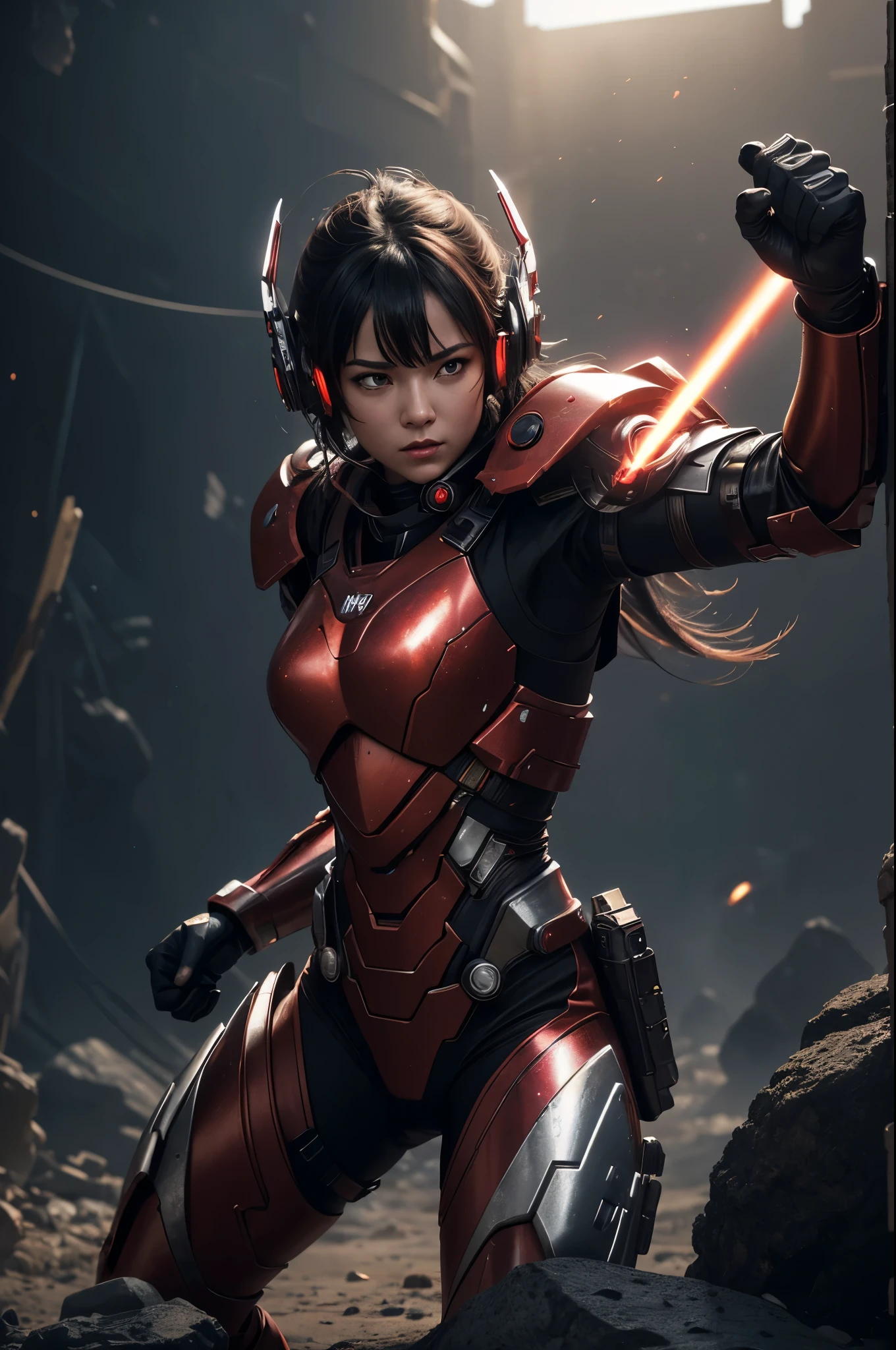 8K,3D,(special effects),Space Detective,A woman wearing a red and black combat suit,２Two mono-eyes shine,fighting pose,wasteland,action scene,action pose,masterpiece,Photorealistic RAW photos of the highest quality。bright colors,rich colors, Backlight, cinematic lighting, film grain, 50mm lens, Nikon D850,beautiful expression,fantasy art,character art,ultra high resolution,Metal luster,countless LEDs(Mr.々Colorful glowing effect),metallic red and silver combat suit,Precise female external skeleton,prepare yourself,