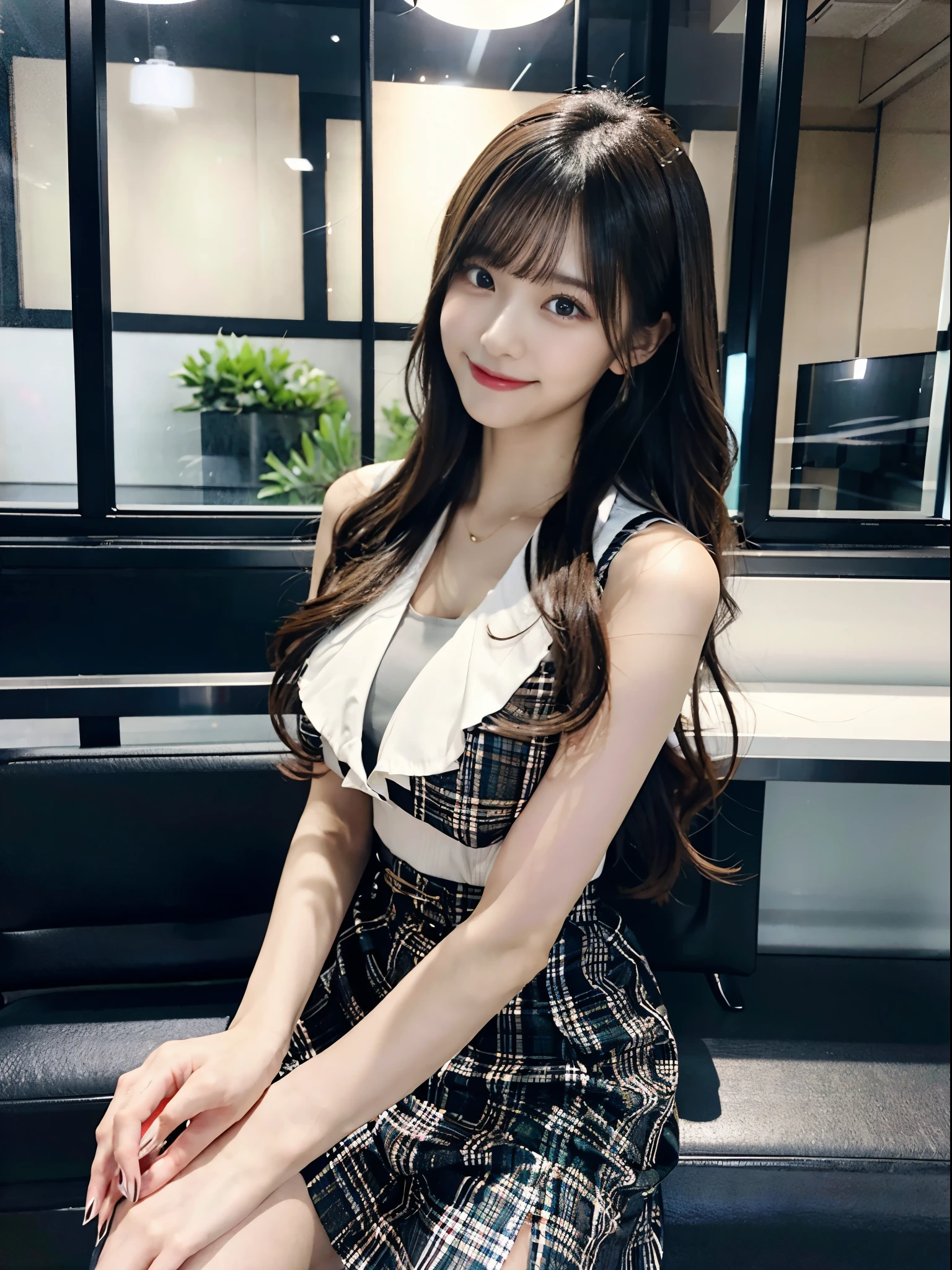 (office)、Crouching woman、Brown eyes、Big Eyes、night、night景、Black business suit、Checkered short skirt、beauty secretary、(Very large breasts、Very thin and long legs、Perfect figure、High heels、whole body、Big smile)、1 female、No makeup、17 years old、(masterpiece、8K,RAW Photos、High resolution:1.4)