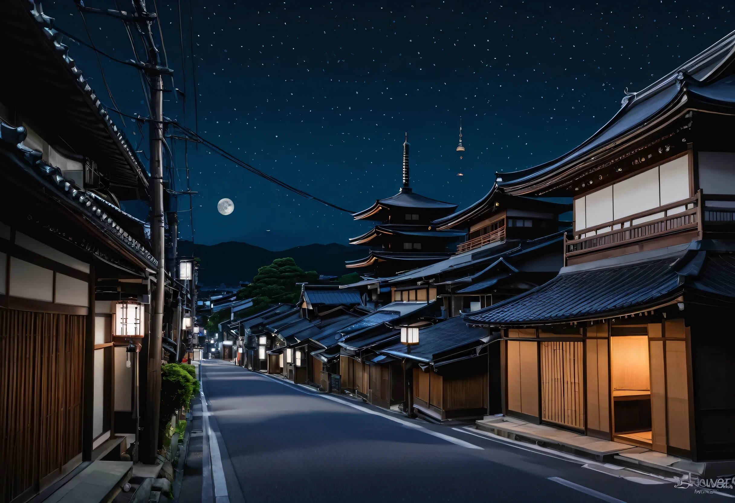 Arabic numerals image of a street with a pagoda in the background, inspired by Hasui Kawase, Japan Streets, Japanese Town, inspired by Kawase Hasui, Japanese cities, Japanese cities at night, Inspired by Kyoto, Japan at Night, He didn&#39;t come, edo japan, Japanese Village, Inspired by Watanabe Shotei