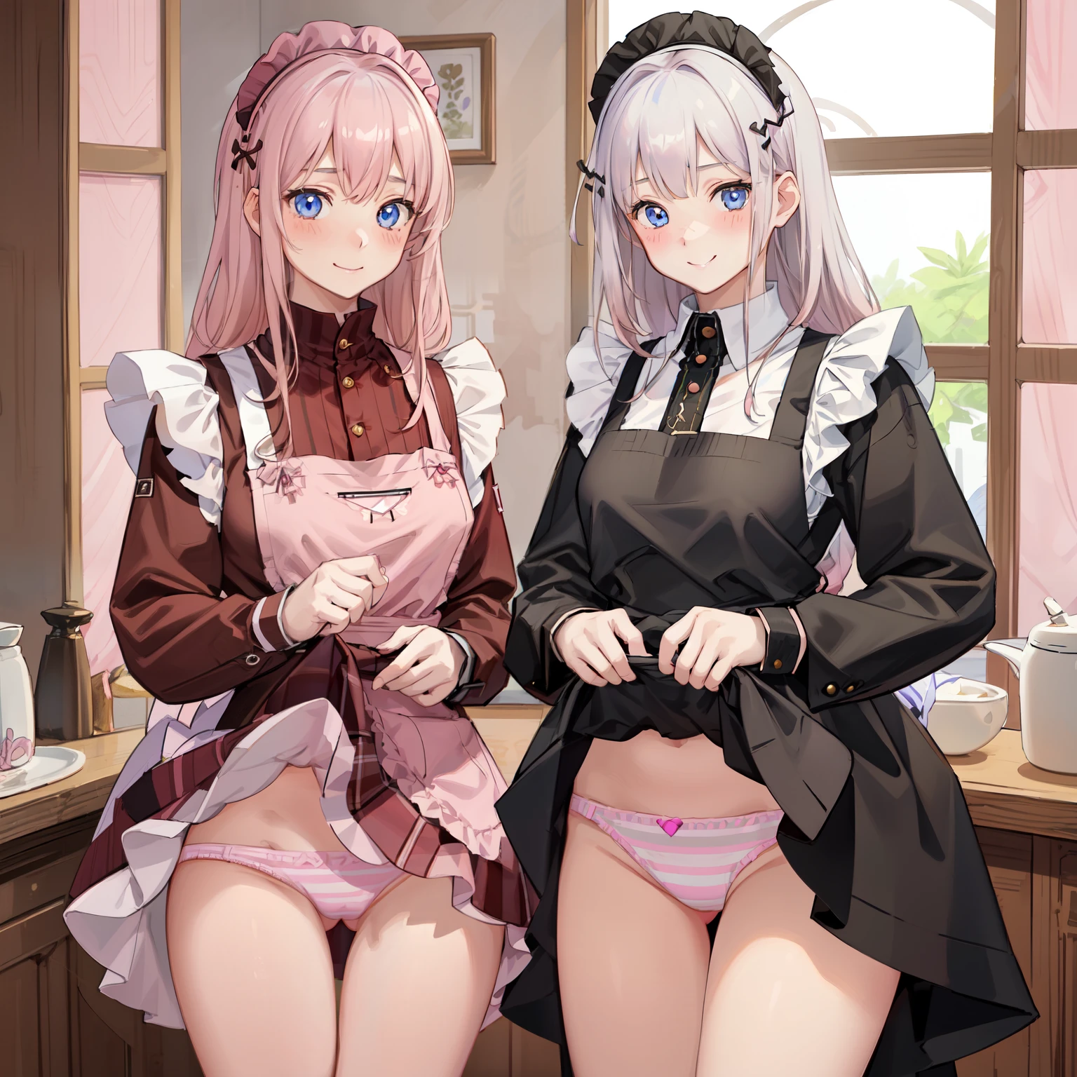 highest quality、masterpiece、((2 girls:1.5))、((smile:1.3))、(blush:1.3)、Black Shirt、blouse、((fun!!))、(Small breasts)、()、Blonde、(Long sleeve)、((White apron:1.5))、((Maid))、((hair ornaments)),、Kamimei、look at me、 ((in house:1.5))、 Taking a break from watching the audience、Cowboy Shot、(Skirt lift:1.3),(Highly detailed pink striped panties:1.3)、(Highly detailed panties:1.3)、、(スカート that rolls up:1.3)、(Panties fully exposed:1.5)、Light blue eyes、long hair、Glowing Eyes