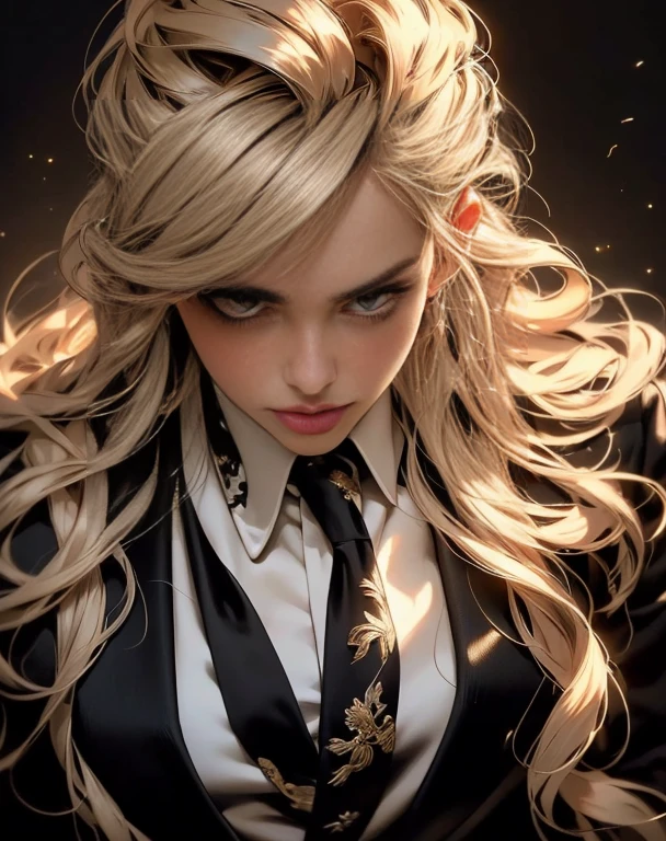 (high quality,realistic:1.2),portrait,golden hair,beautiful girl wearing a black jacket,detailed eyes,luscious lips,sensual gaze,luxurious texture,shimmering highlights,soft shadows,subtle smile,impeccable makeup,perfect skin tone,varied golden hues,mesmerizing presence,extraordinary attention to detail,immaculate shading,flawless complexion,expressive eyebrows,long eyelashes,graceful pose,stylish and confident demeanor,striking contrast between the jacket and hair,professional photography,rich color palette,subdued lighting,subtle bokeh effects,glowing complexion,meticulously crafted features,exquisite realism,artistic sophistication.