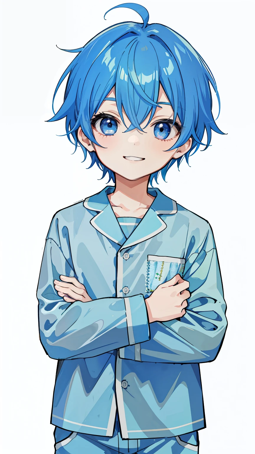 1 boy, blue hair, whole body, gentle smile, wearing pajamas, sd, chibi anime