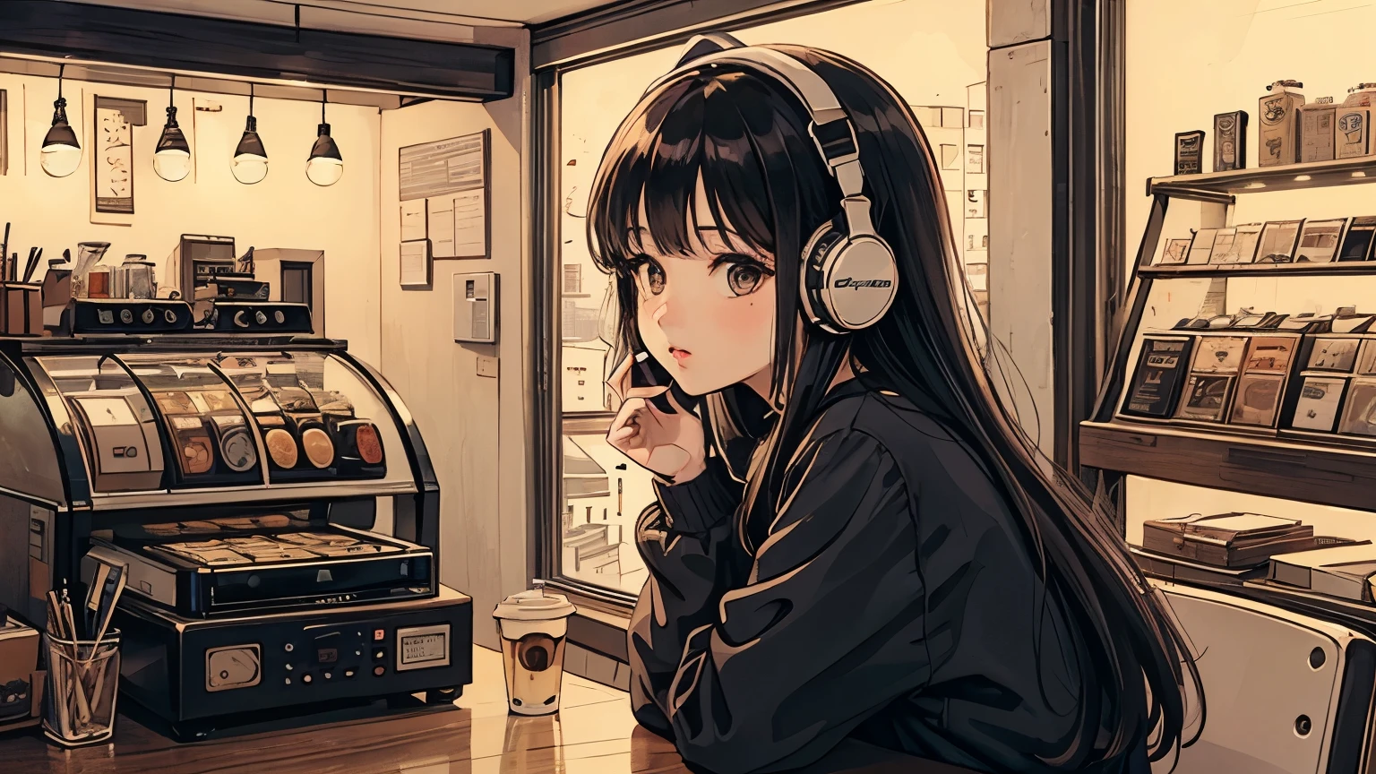 1 girl, 90s anime style, night, , 都会のnight景、Girl wearing headphones, late night , Listening to music alone, City Pop, high quality, Detailed finger shapes、Natural finger shape、Lo-Fi, Chill, late night,Urban Cafes、 coffee shop, Dark interior,nightのカフェ futuristic night view outside the window, Dark Room
