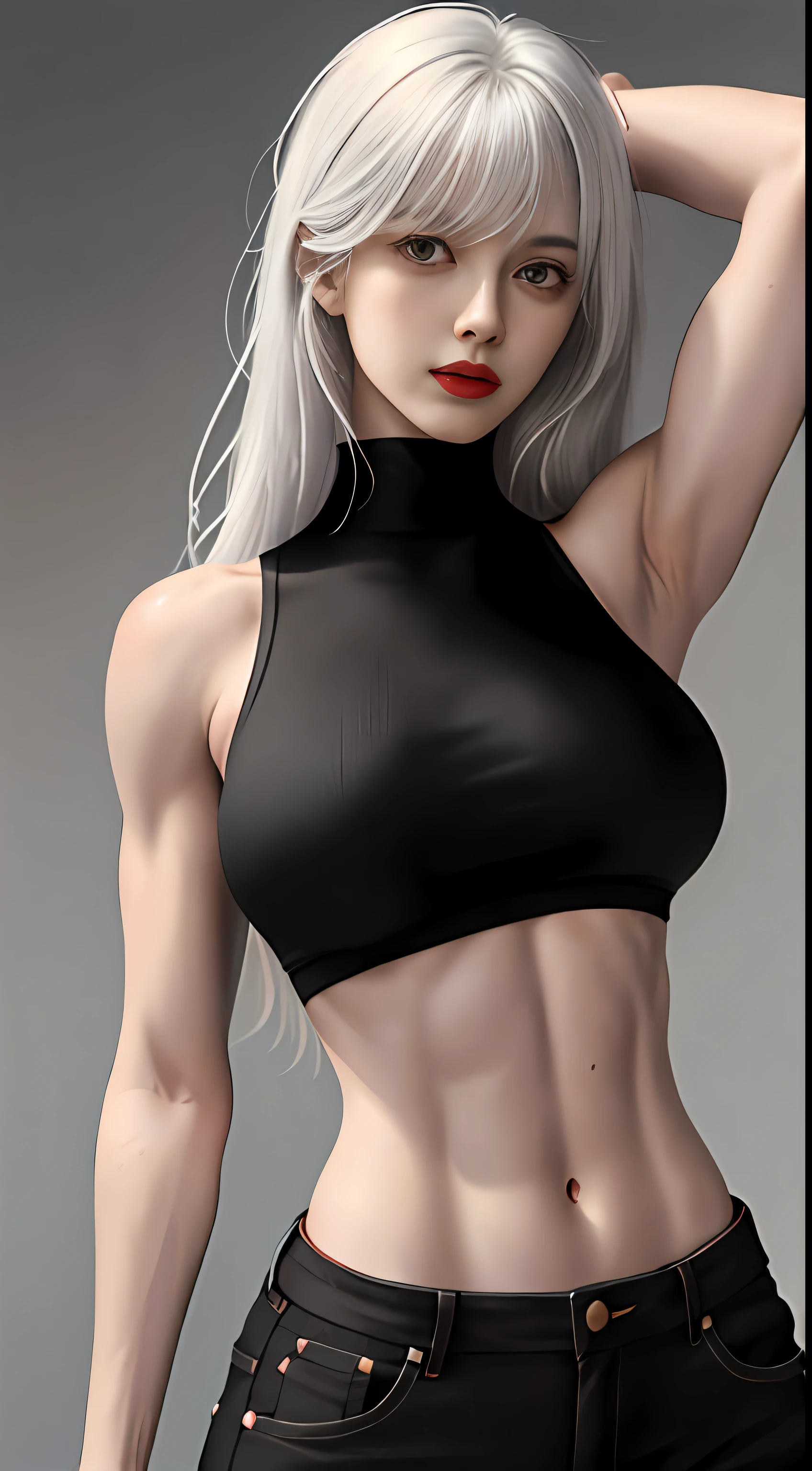 Girls, Bangs, Bare shoulders, Black Pants, breast, breast squeezed together, Gray background, Hair between the eyes, hugebreast, Long hair, Viewer, Pants, Open your mouth, Red Eyes, shirt, Simple background, sleeveless, sleeveless shirt, Solitary, turtleneck sweater, Voltage arm, white hair,(Glowing skin),(masterpiece:1.4),(best quality:1.4),,French Girl,Red lips,Perfect abdominal muscles, navel, (nipple: 1.5), (sheer areola), nipple, huge, Sweat, whole body