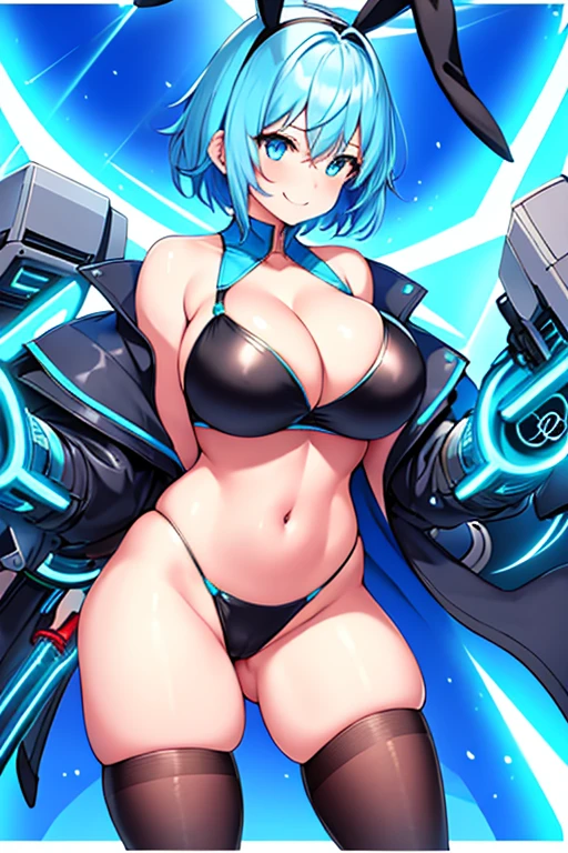 1girl, large breasts, breasts, thick thighs, hourglass figure, toned, smile, light smile, blue hair, light blue hair, blue eyes, very short hair, pixie cut, thighhighs, bikini, black bikini, jacket, black jacket, open jacket, neon trim, neon, neon lights, blue trim, tech, machinery, science-fiction, futuristic, bunny ears, rabbit ears, cropped jacket, ((cropped jacket)), hands down, arms down, cleavage, arms down, hands down, highleg, highleg bikini