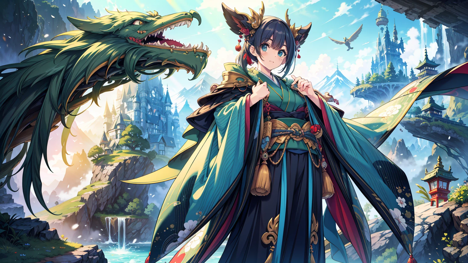 masterpiece, best quality, absurdres, Fantasy world character design with Japanese elements