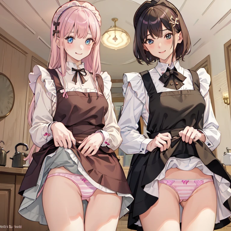highest quality、masterpiece、((2 girls:1.mile:1.3))、(blush:1.3)、Black Shirt、blouse、((fun!!))、(Small breastsonde、(Long sleeve)、((White apron:1.5))、((Maid))、((hair ornaments)),、Kamimei、look at me、 ((in house:1.5))、 Taking a break from watching the audience、Cowboy Shot、(Skirt lift:1.3),(Highly detailed pink striped panties:1.3)、(detailed panties:1.3)、、(スカート tls up:1.3)、(Panties fully exposed:1.5)、Lue eyes、long hair、Glowing Eyes