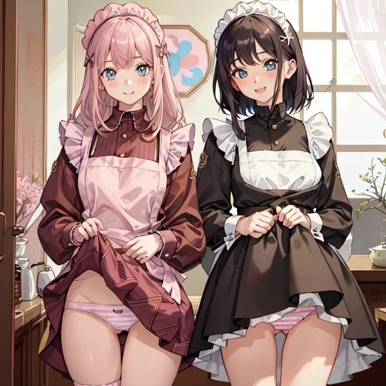 highest quality、masterpiece、((2 girls:1.5))、((smile:1.3))、(blush:1.3)、Black Shirt、blouse、((fun!!))、(Small breasts)、()、Blonde、(Long sleeve)、((White apron:1.5))、((Maid))、((hair ornaments)),、Kamimei、look at me、 ((in house:1.5))、 Taking a break from watching the audience、Cowboy Shot、(Skirt lift:1.3),(Highly detailed pink striped panties:1.3)、(Highly detailed panties:1.3)、、(スカート that rolls up:1.3)、(Panties fully exposed:1.5)、Light blue eyes、long hair、Glowing Eyes