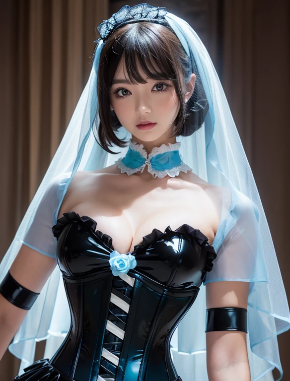 (Light blue and black theme:1.3), (( Black Wedding Dress):1.2), (Black See-Through Wedding Veil:1.4), ((black latex corset, Light Blue Breasted Cup):1.4), (Short sleeve:1.3), ((white collar, Taibo):1.3), ((Frilled Skirt, Multi-layer skirt):1.4), ((stockings, ):1.3), (Long gloves:1.2), (Blue rose decoration on the head:1.3),