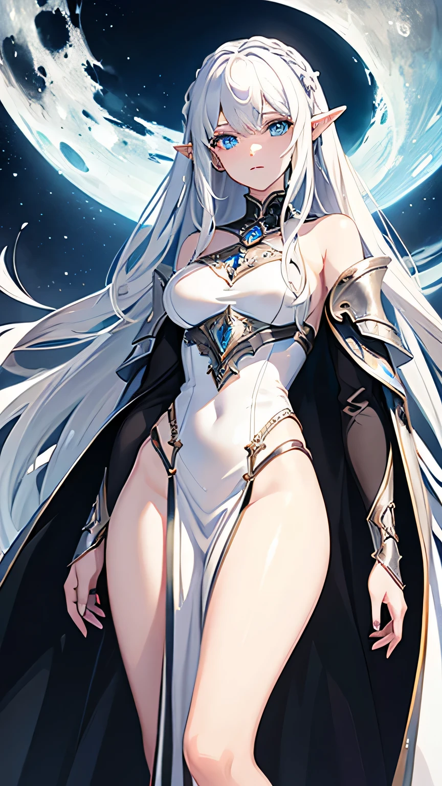 (1woman,Charming Moon Elf,masterpiece,8K,bust,Best quality),Moon Elf in white studded leather armor,((Silver long hair,Pale skin,blue eyes,Black and white wizard robe)),Stand in the moonlight,Perfect eyes,perfect pupils,Oil painting style,Thick coating,Thick lines,16k, Ultra HD, Retina, masterpiece, precise, Anatomically correct, best quality, high quality, Textured Skin,Correct finger,The right palm
