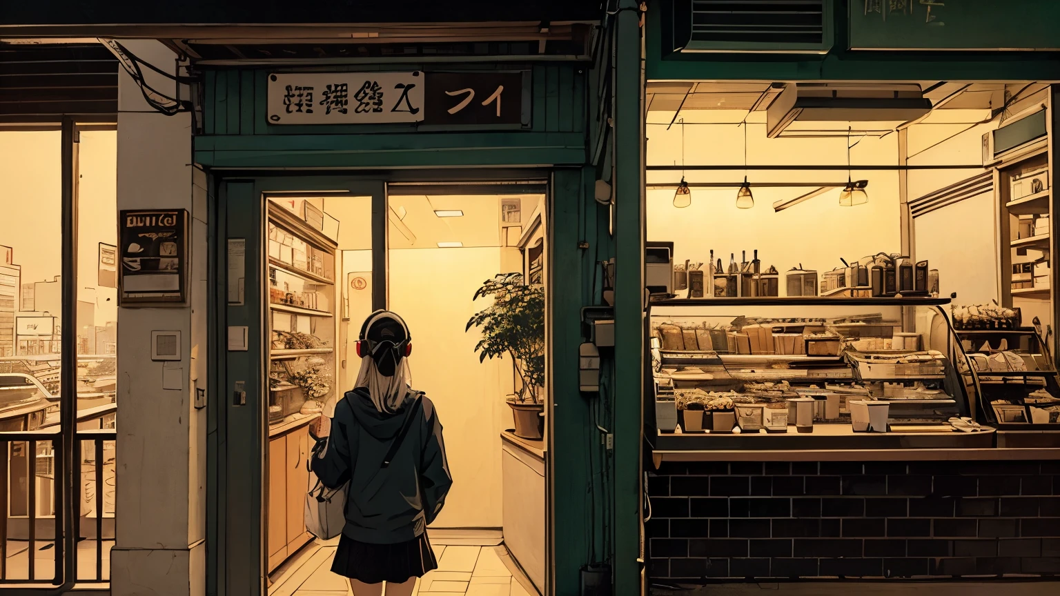 1 girl, 90s anime style, night, , 都会のnight景、Girl wearing headphones, late night , Listening to music alone, City Pop, high quality,  Detailed finger shapes、Natural finger shape、Lo-Fi, Chill, late night,Urban Cafes、 coffee shop, Dark interior,nightのカフェ futuristic night view outside the window, Dark Room