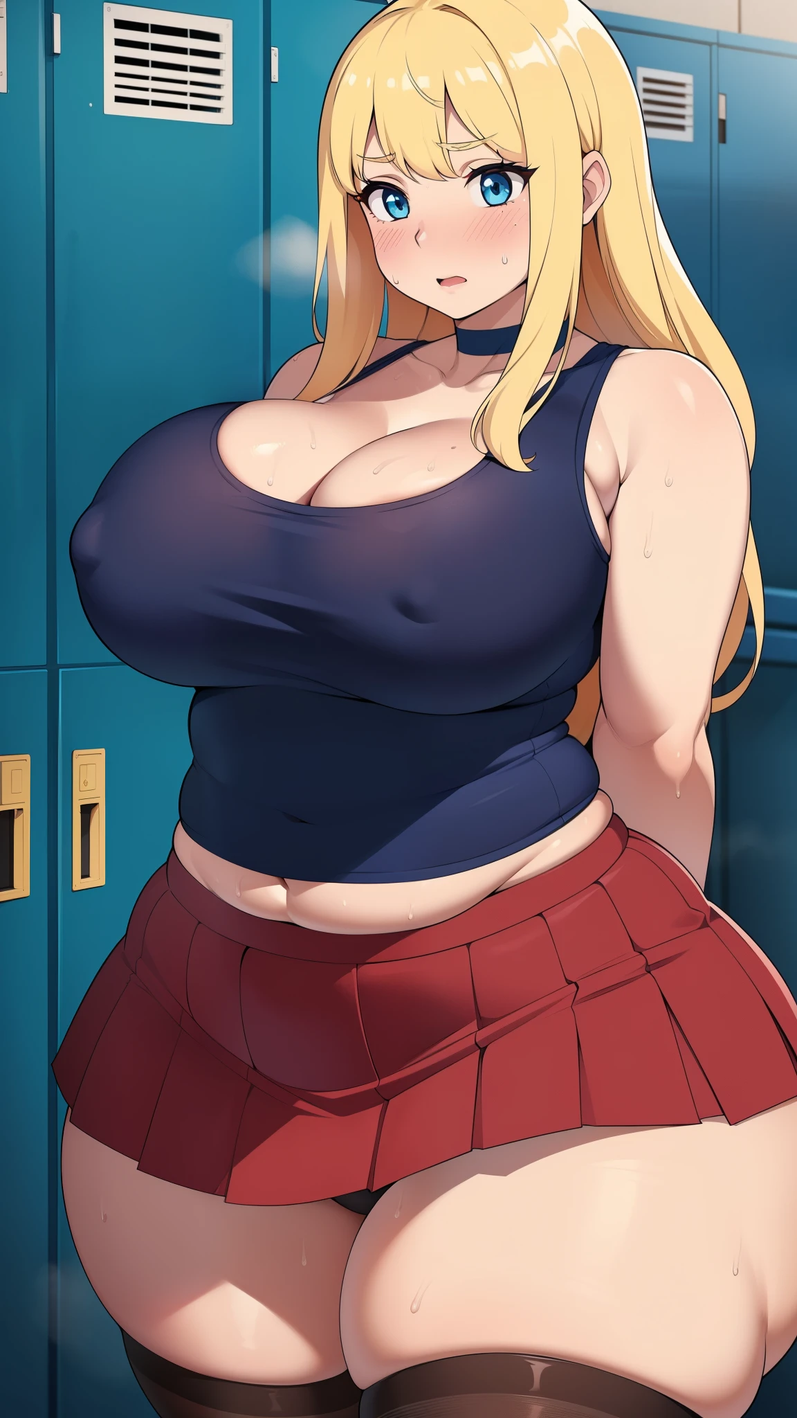 ((Masterpiece)), perfect anatomy, perfect shading, field of depth, (best quality), extremely delicate and beautiful, perfect lighting, detailed face, ultra cute face, cute, (cowboy shot 1.2), looking at viewer, (((1girl))), (((solo))), cheerleader

 long hair, fluffy hair, blonde hair, blue eyes, ((blush))), embarrassed, (cheerleader uniform), (blue and white tank top 1.2), (short section red skirt 1.2), thigh highs, chocker, extremely tight clothes, large , cleavag breasts, (wide ((thick thighs)), chubby

 locker room, intricate background, detailed background, sweaty, out of breath, arms behind back,