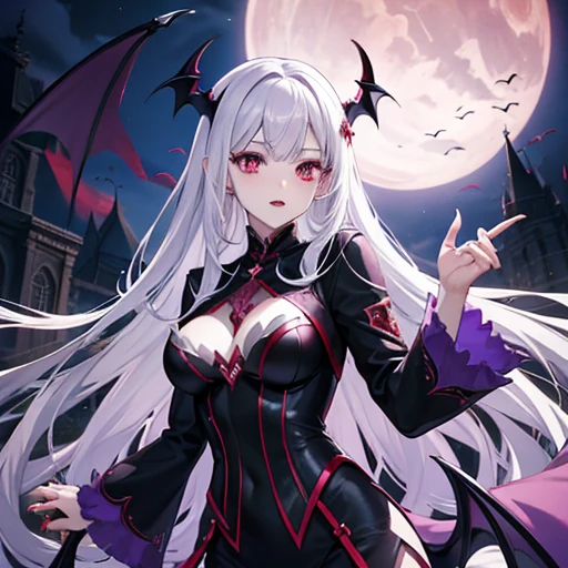 Vampire Woman、Purple aura of magical power、Very pale skin、Red eyes、Silver Hair、Red nails、Demon World、In the distance you can see the vampire's castle、Late Night、Revealing vampire costume、Vampire Fangs、Feathers on the back、whole body、Spreading feathers、Floating in the air、Beautiful Face、Normal milk、barefoot、Long, slender legs、Tight waist、belly button、Creates purple magical flames in the palm of your hand、whole body、Enchanting