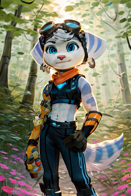 Rivet, furry girl, young,adidas nylon gym shorts, adidas nylon sports bra , adidas sports shoues, forest trail, morning sun, detailed body fur, detailed body, detailed eyes, detailed face, wet fur, skinny, high quality, masterpiece, small breasts, goggles, :D, looking at you, full body,