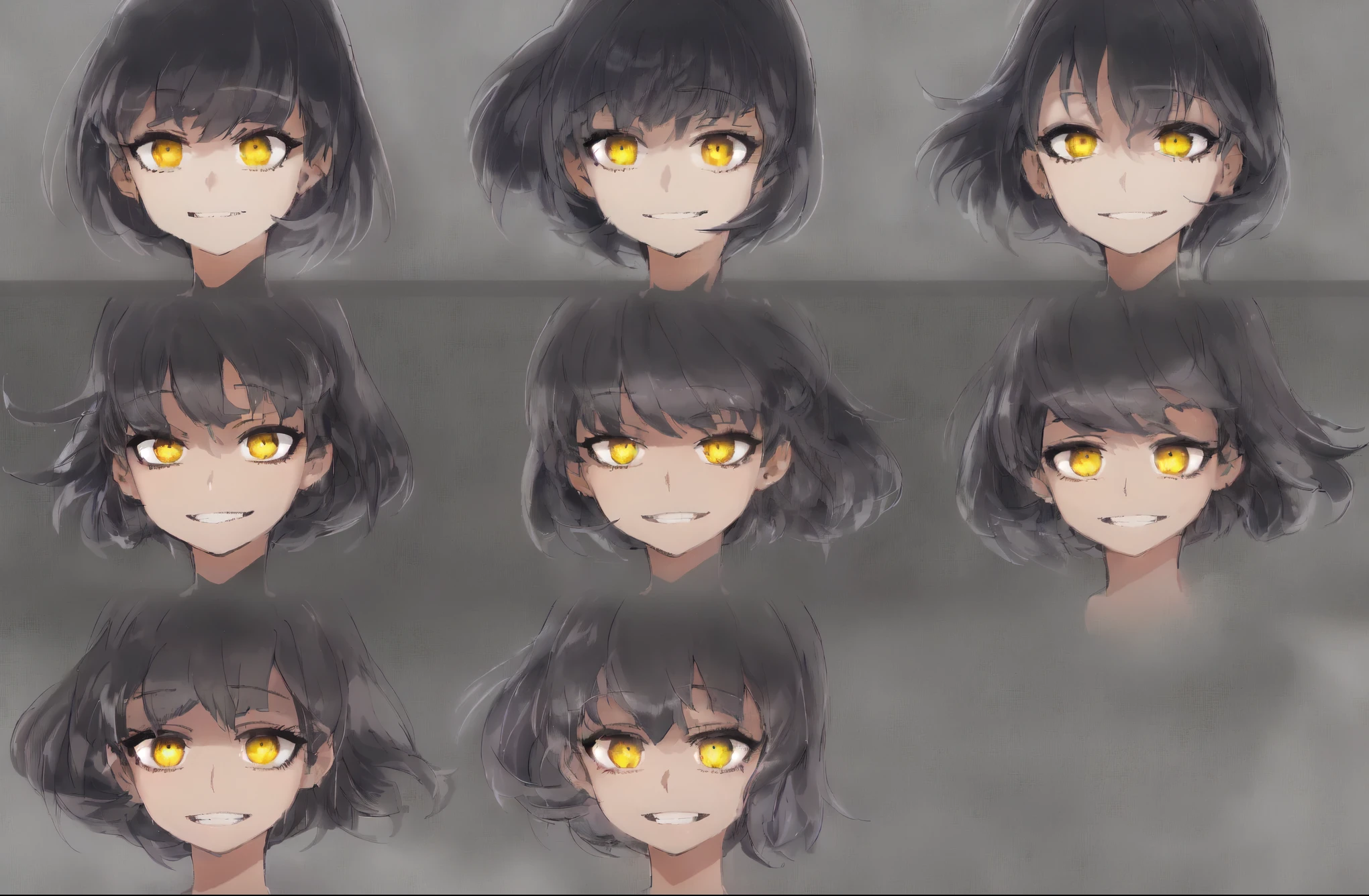a close up of a person with short black hair, bangs, hair intakes, hair windy, windy hair, expressions, detailed facial expression, detailed facial expressions, wind blowing hair, facial expressions, smilling facial expression, hair flowing, she has short black hair, marvelous expression, character headshot concept art, wind blowing and hair flowing, Anime, Personagem, female, woman, game character, video game, nikke, goddess of victory: nikke, (beauti smille teeth), beatifull yellow eyes, creep, blink, clossed eyes