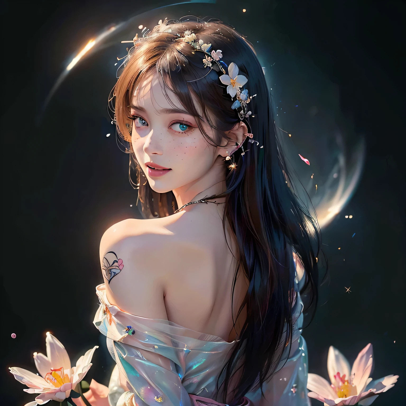 "((Galactic)) scene portraying an alien girl surrounded by a symphony of clouds, splashes of vivid colors, and delicate flowers, an imaginative composition that sparks the viewer's curiosity"