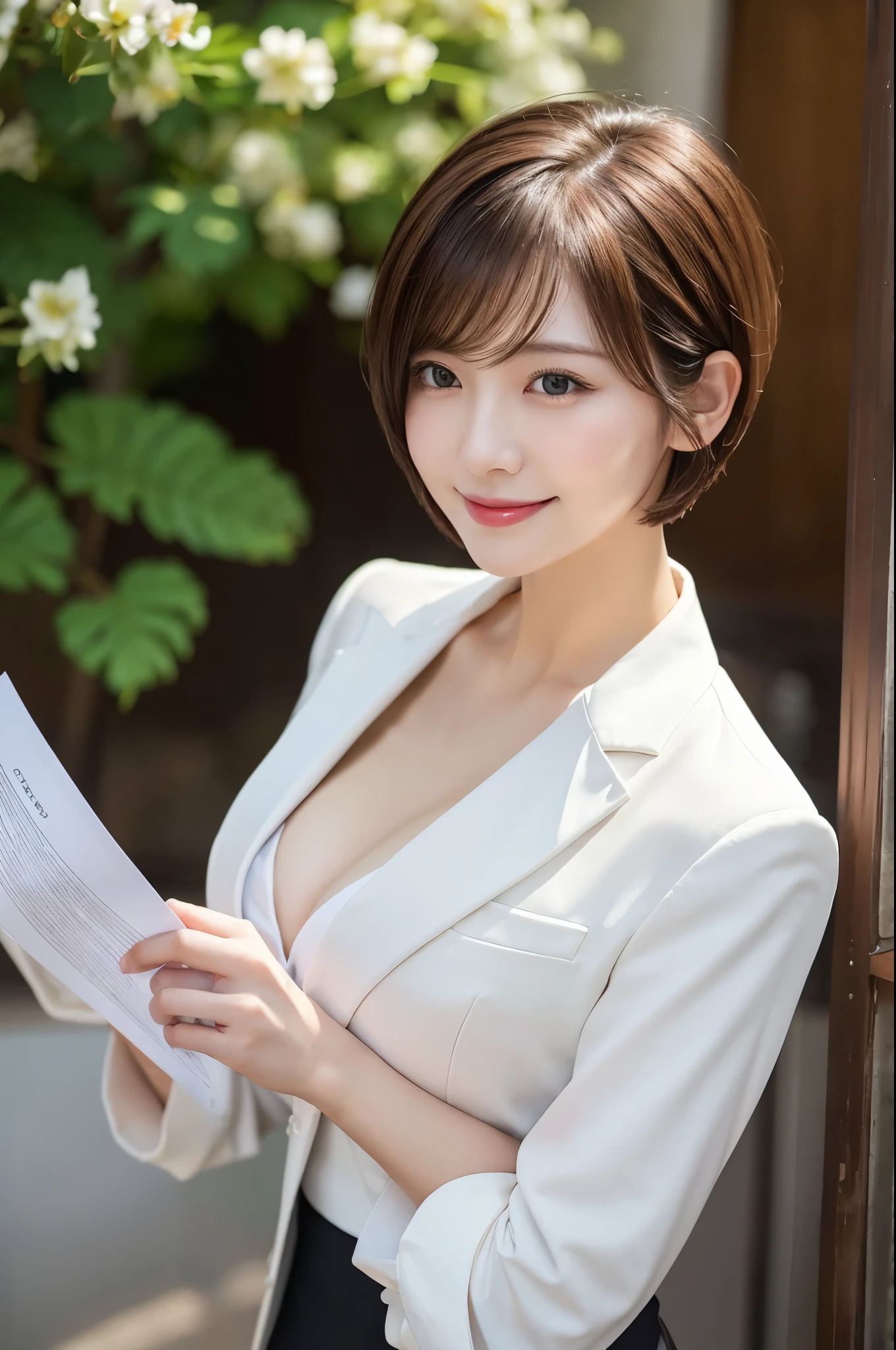 Profile view from below、Woman reading documents、Short cut hair、business suit、Spring Clothes、Cleavage(Very large breasts、Very thin and long legs、Perfect figure、High heels、whole body、smile)、1 female、No makeup、26 years old、(masterpiece、8K,RAW Photos、High resolution:1.4)