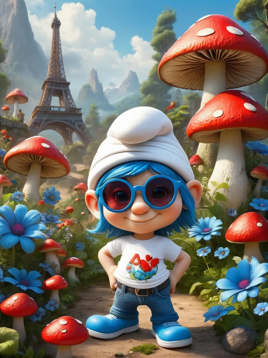 A cool smurf with sunglases showing peace sign, pixar style, wearing jeans and t-shirt, high detailed, sorrounded by huge flowers and Red mushrooms, cute, funny