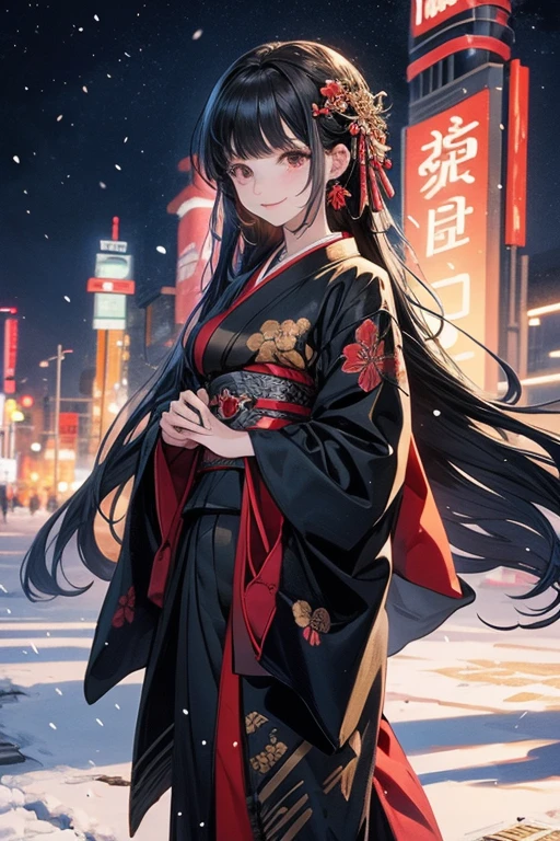 1lady,solo,cute,smile,black hair and long hair,standing,kimono,outdoor,falling snow
