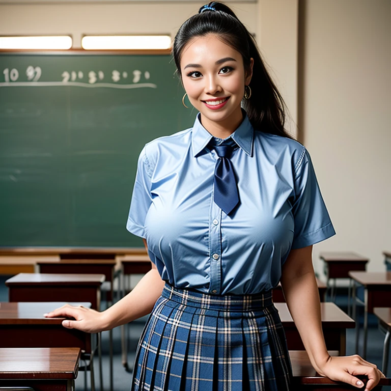 (Thai woman),((highponytail)),(forehead),((Blue checked pleated skirt, neck tie)), (private school uniform),((huge breasts:1.4)),(slim waist),(smile:1.5),(class room in the background:1.5), (cowboy shot:1.5),8k, UHD,