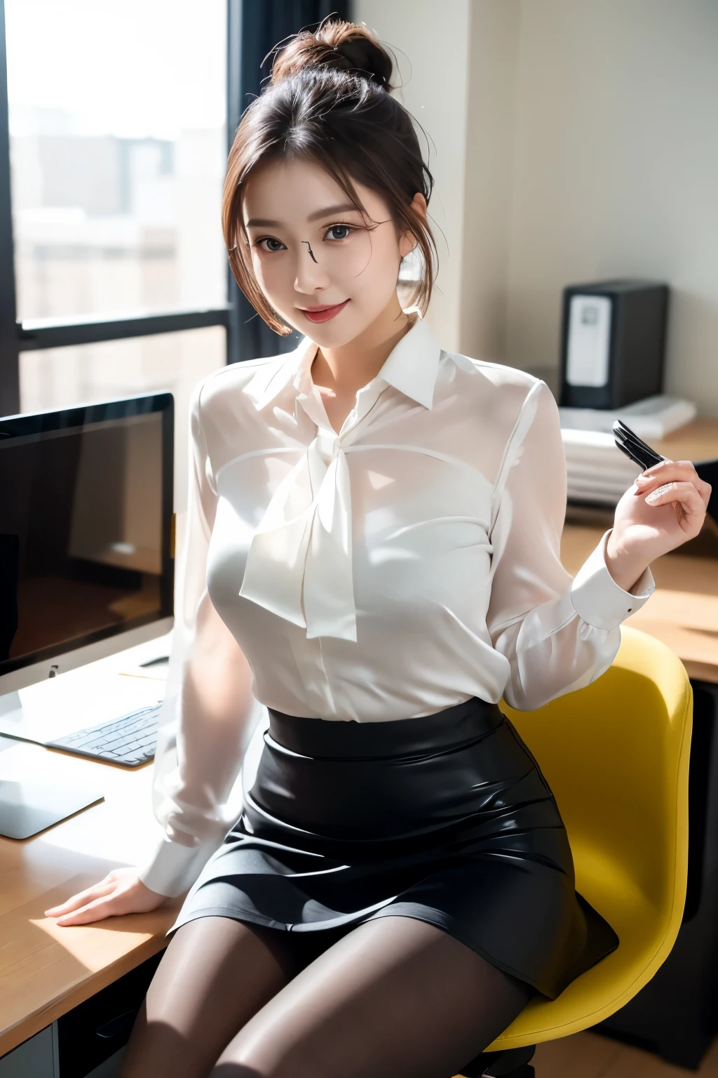 ulzzang-6500-v1.1, (RAW Photos:1.2), (Photorealistic), (See-through:1.3), (Genuine:1.4), (1Elite girl with glasses)、22 years old, Blue Eyes of the Sea(Eye details), A shy smile、(I wear my hair up and tied up)、(Elegant silk blouse:1.3), (Ultra-realistic pantyhose:1.2), (flare skirt:1.2), sit in an office and work at a desk、Realistic skin texture、Glowing Skin、Exposed thighs!!! , Makeup、